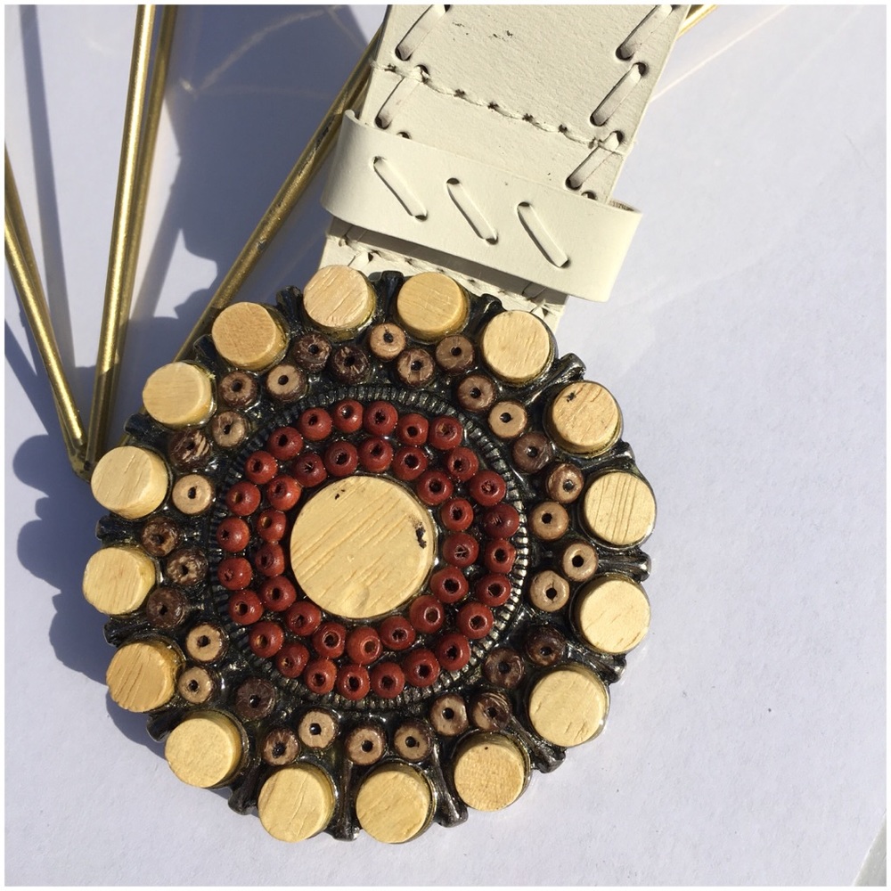 Winter White Leather Belt with Wood Beaded Metal Buckle